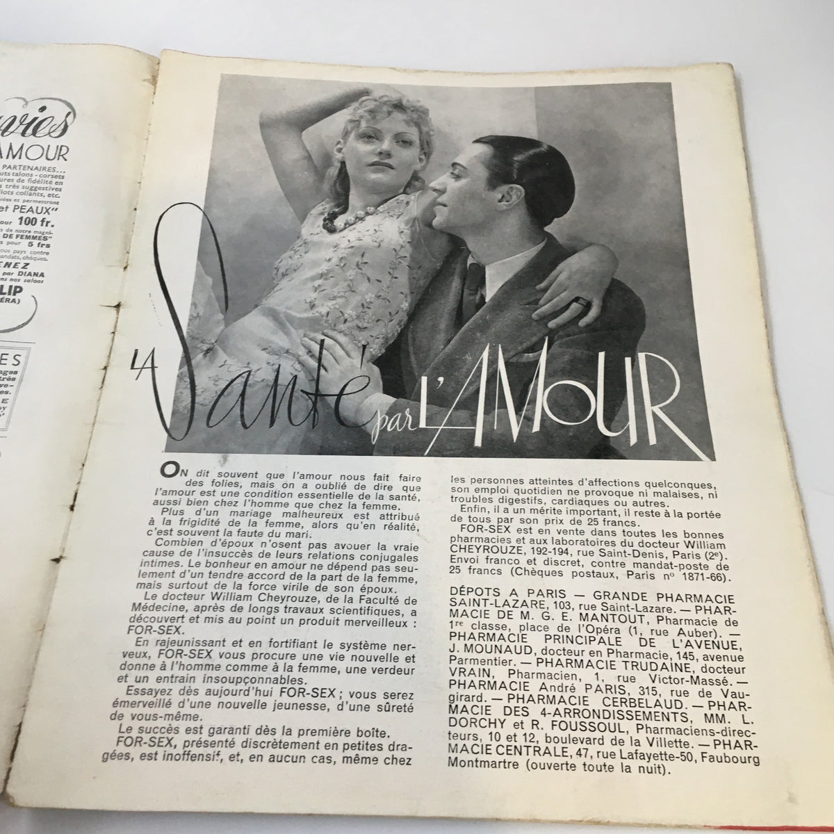 Inside page of VTG Pages Folles Magazine January 1936 featuring an article titled 'La Santé par l'Amour' with a couple in a vintage photograph.