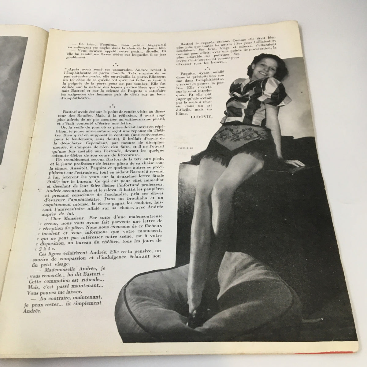 Inside page of VTG Pages Folles Magazine January 1936 showcasing a vintage black and white photograph of a woman seated with a playful pose.