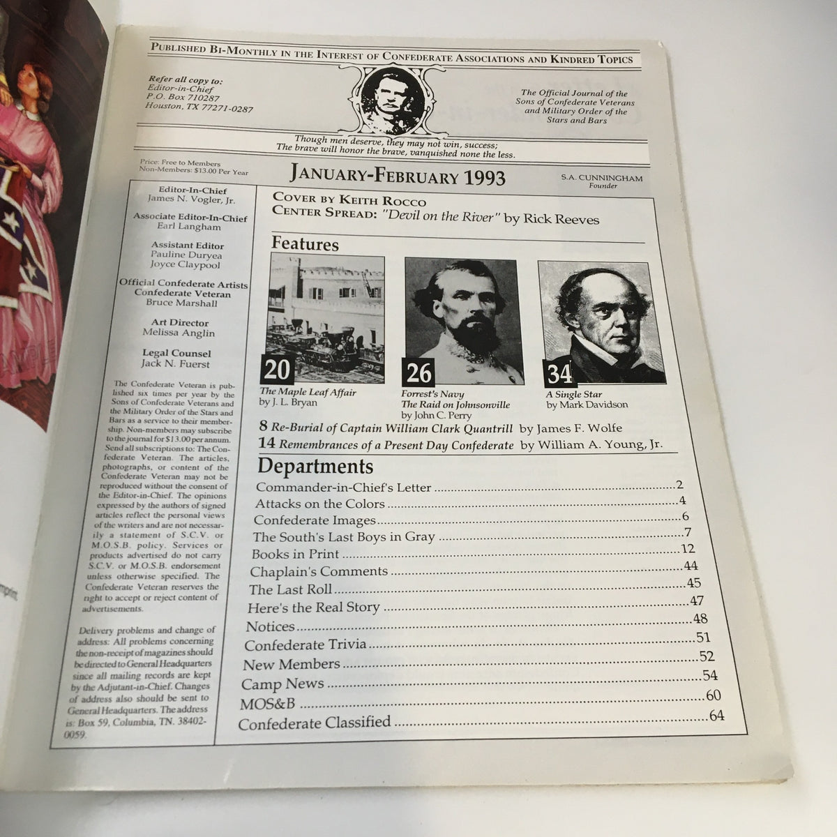 Interior page of Confederate Veteran Magazine January 1993 listing features and articles including Forrest's Navy and the Raid on Johnsonville.