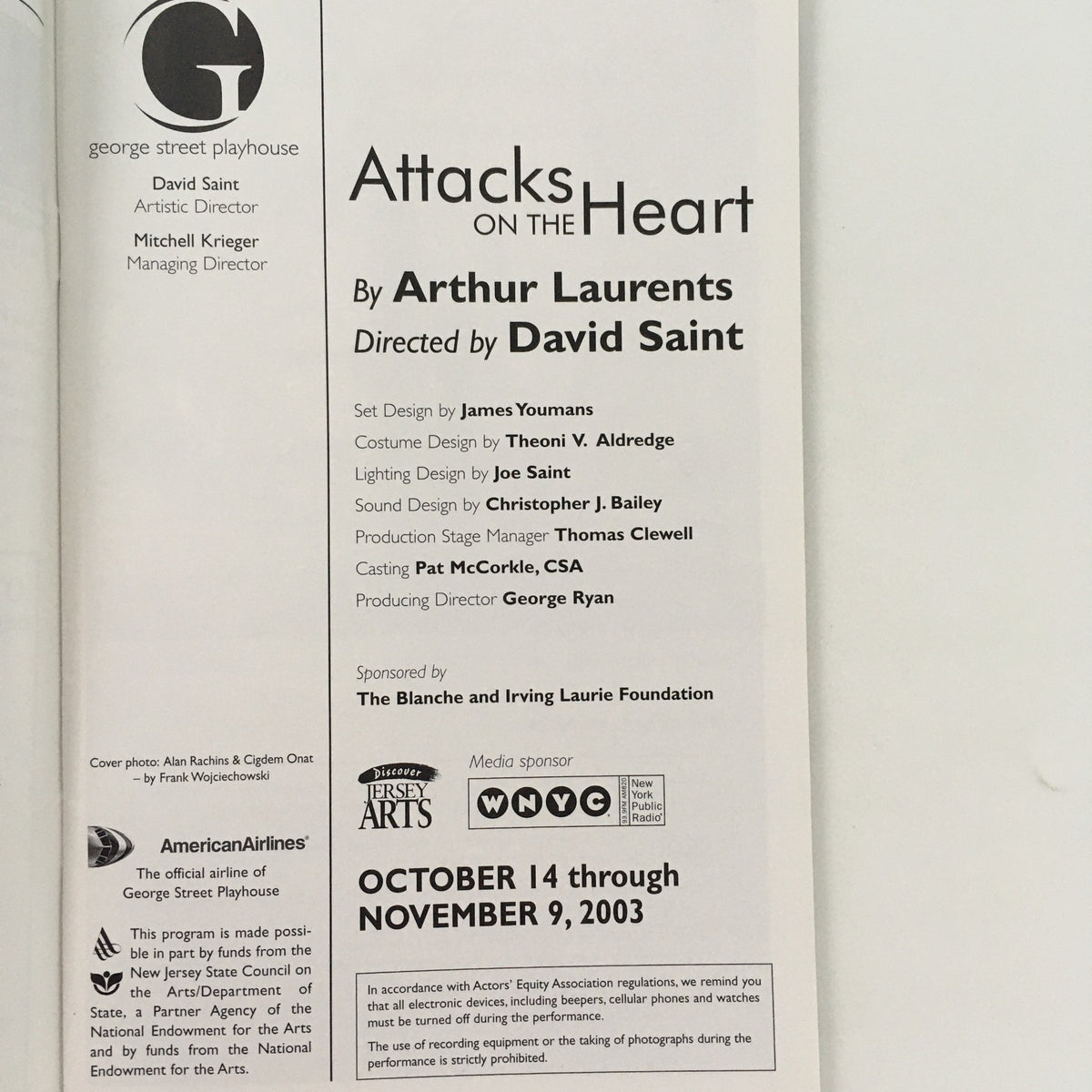 Inside page of 'Attacks on the Heart' detailing cast and crew information, including director David Saint and production credits for the George Street Playhouse.