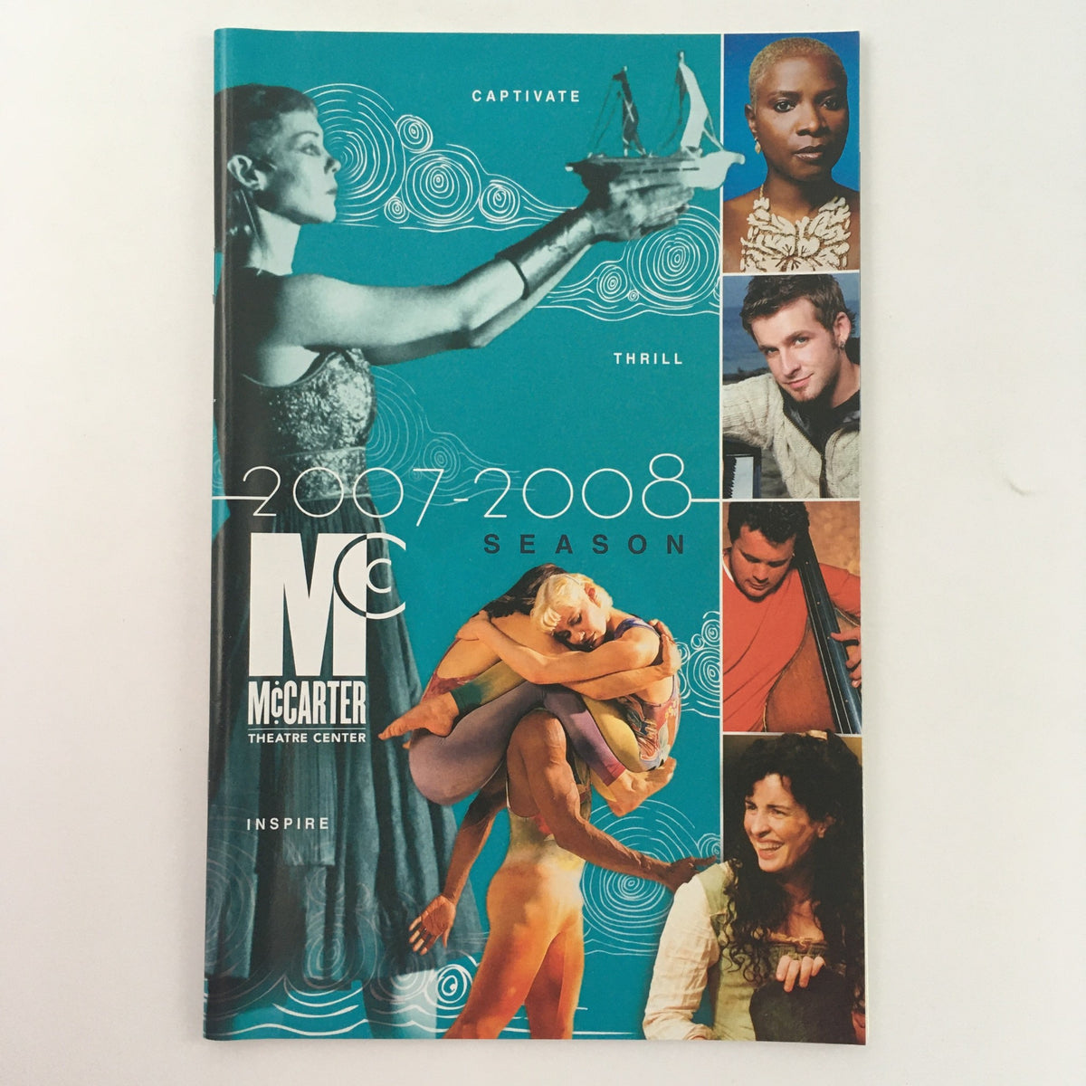 Cover of the 2007 - 2008 McCarter Theatre Center program titled 'Inspire, Captive and Thrill', featuring performers in artistic poses against a vibrant blue background.