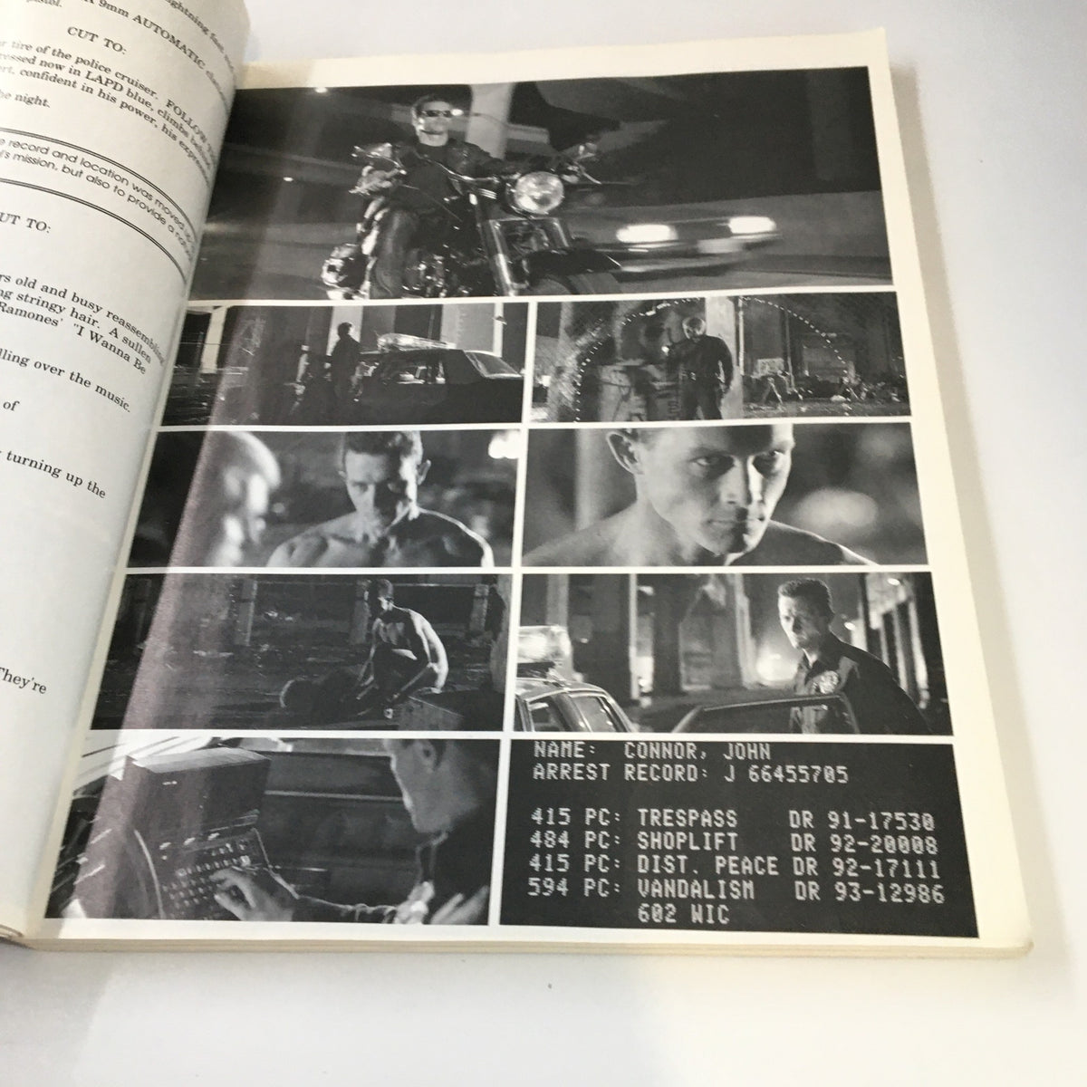 1991 Terminator 2 Judgement Day The Book of The Film An Illustrated Screenplay showcasing detailed visuals including character scenes, police records, and tense moments from the movie.