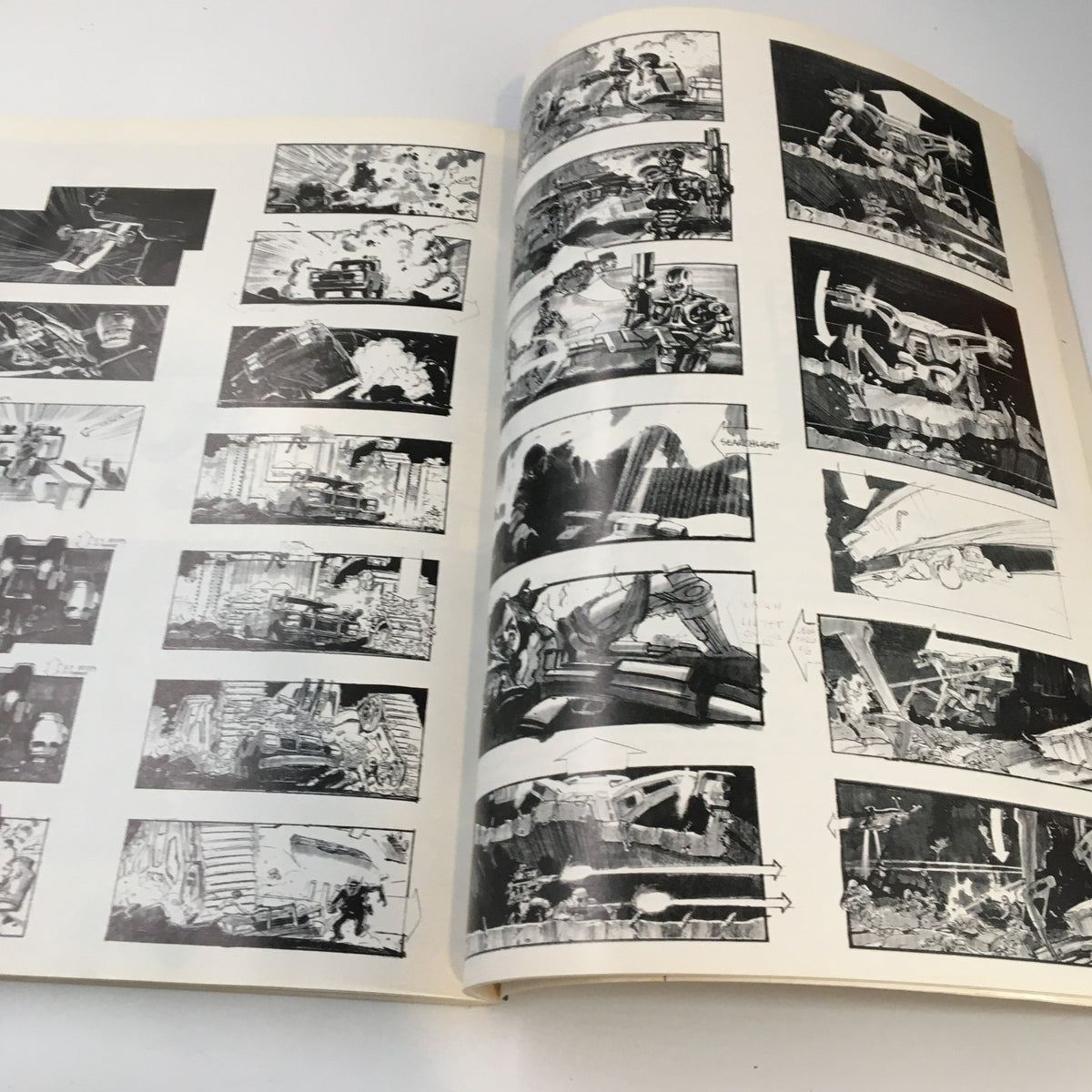 Illustrated pages from '1991 Terminator 2 Judgement Day The Book of The Film An Illustrated Screenplay' displaying storyboard sketches depicting action sequences.