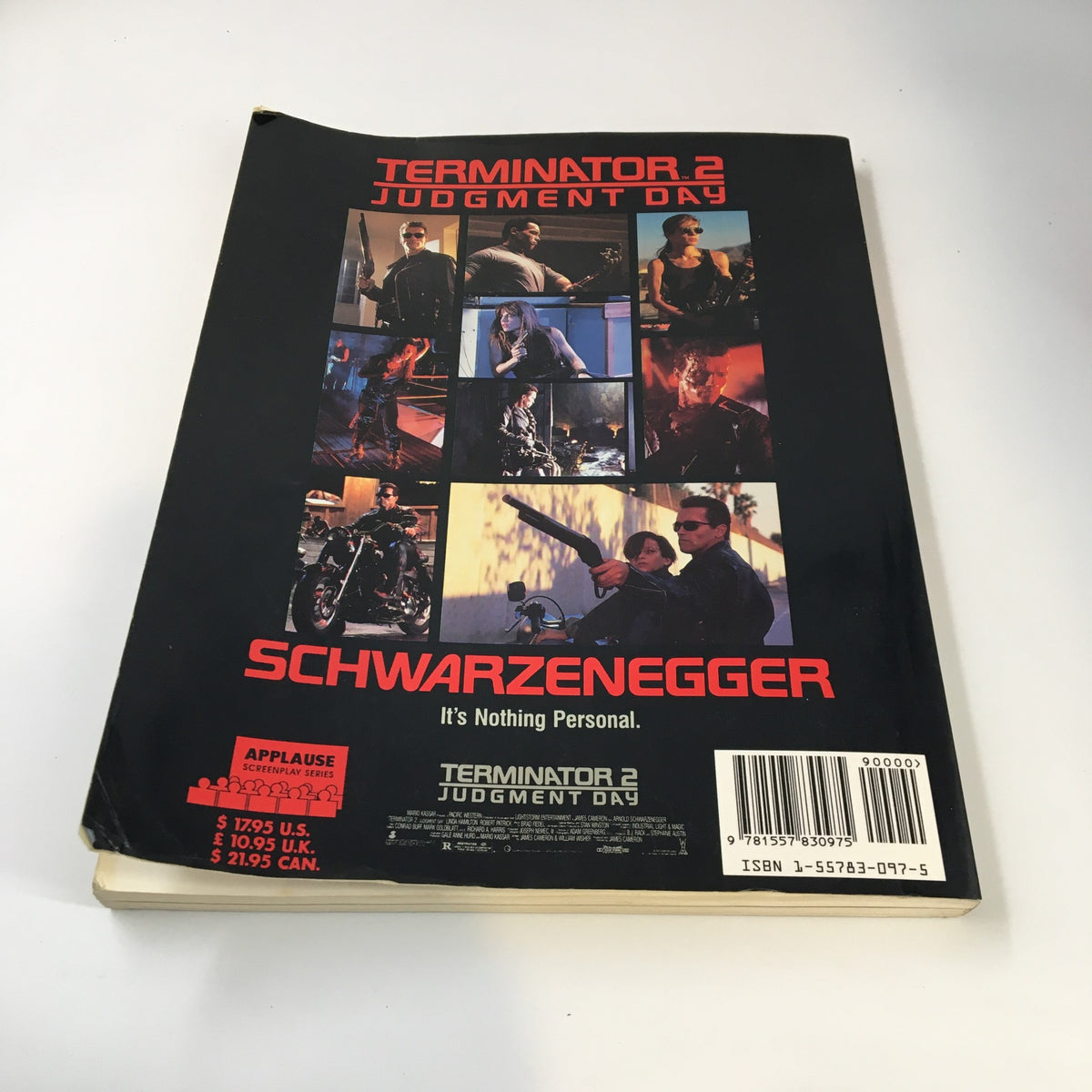 Back cover of '1991 Terminator 2 Judgement Day The Book of The Film An Illustrated Screenplay' featuring images from the film and details on the publication.