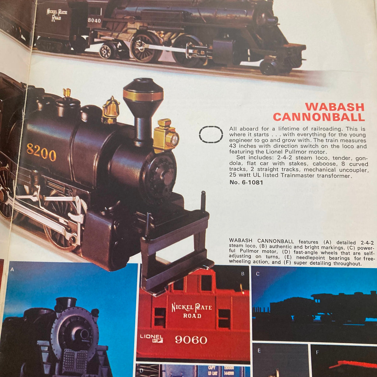 Inside page from the VTG 1972 Lionel Trains Wabash Cannonball & Yardmaster Catalog showcasing the Wabash Cannonball steam locomotive with detailed description.