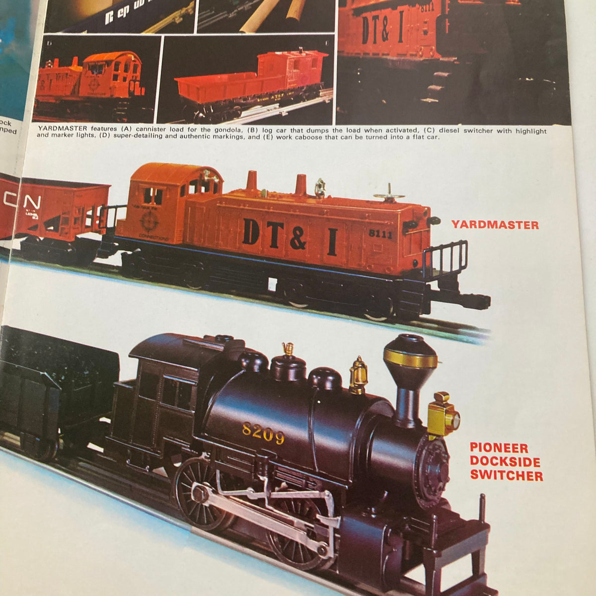 Page from the VTG 1972 Lionel Trains Wabash Cannonball & Yardmaster Catalog displaying the Yardmaster switcher and Pioneer Dockside Switching locomotive.