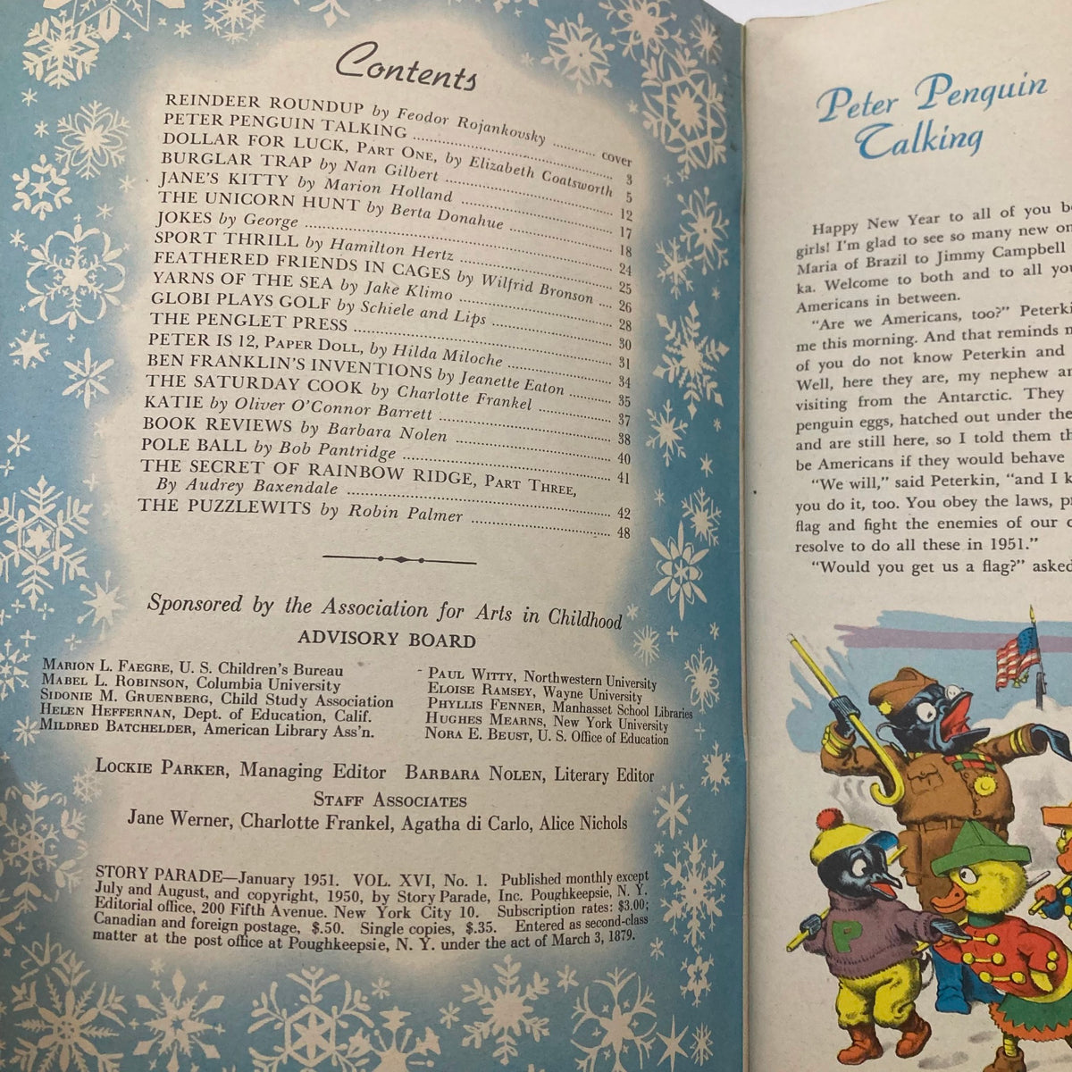 Contents page of VTG Story Parade Magazine January 1951 outlining various stories including 'Reindeer Roundup' and featuring illustrations of Peter Penguin.