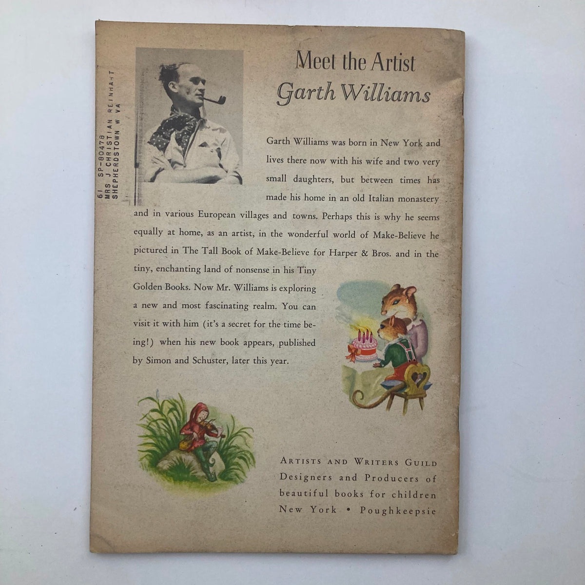 Back cover of VTG Story Parade Magazine January 1951 showcasing an article about the artist Garth Williams, with a whimsical illustration of a character celebrating.