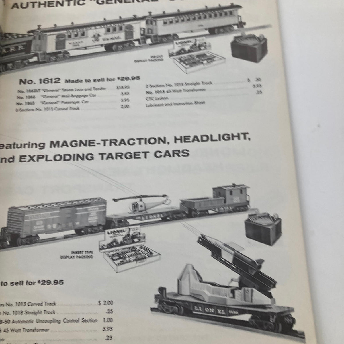 Page from the VTG 1960 Lionel Trains "027" Super "O" and Ho Twin Railroad Empire Catalog displaying various trains and accessories with descriptions and prices.
