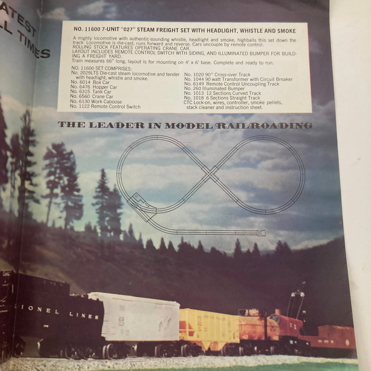 VTG 1968 Trains and Accessories Model Railroading Catalog showcasing a No. 1160 7-unit steam freight set with features including a headlight, whistle, and smoke effects, highlighting vintage model railroad products.