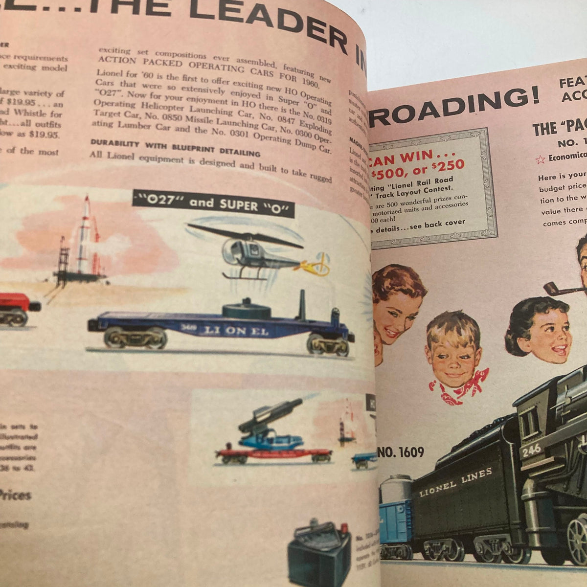 Inside page of the VTG 1960 Lionel Trains Railroading O27 and Super O Catalog showcasing various toy train models and accessories.