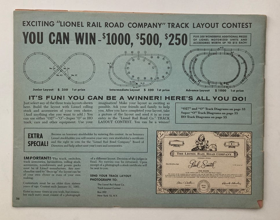 Back cover of the 1960 Lionel Trains Railroading O27 and Super O Catalog featuring a track layout contest advertisement, showcasing junior, intermediate, and advanced layouts with prize details.