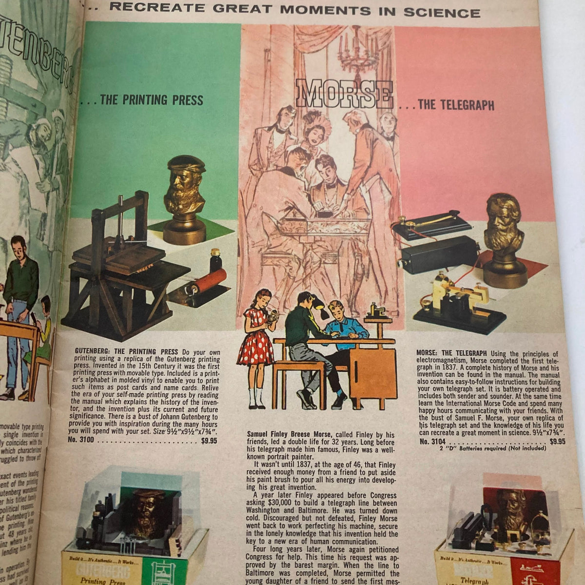 Inside page of the VTG 1961 Lionel Trains Porter Science Lines Microcraft Catalog showcasing educational models such as the Printing Press and the Telegraph, featuring detailed descriptions and images of each model.