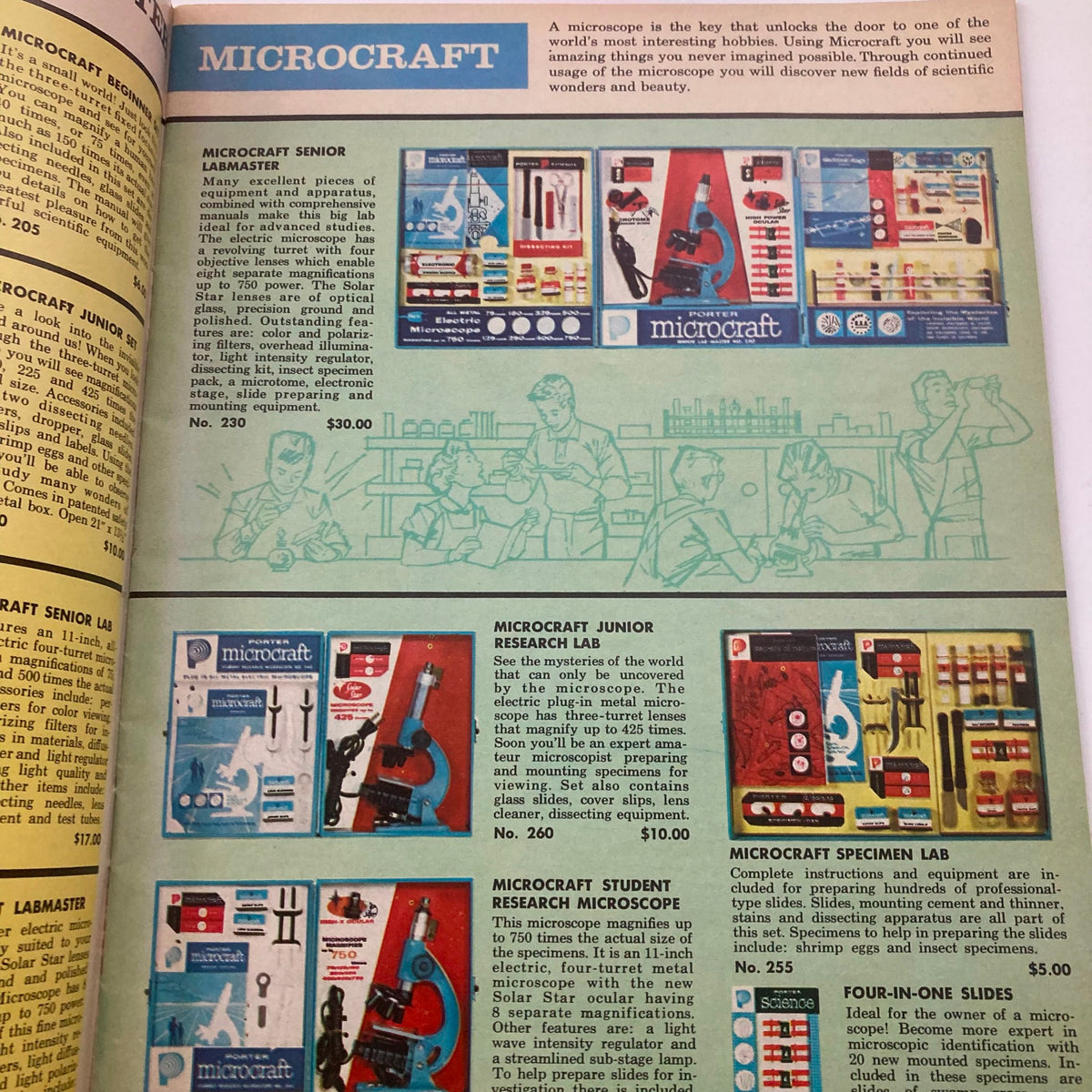 Page from the VTG 1961 Lionel Trains Porter Science Lines Microcraft Catalog displaying various Microcraft educational sets, including the Microcraft Senior Ambassador and Junior Research Microscope, with pricing and details.