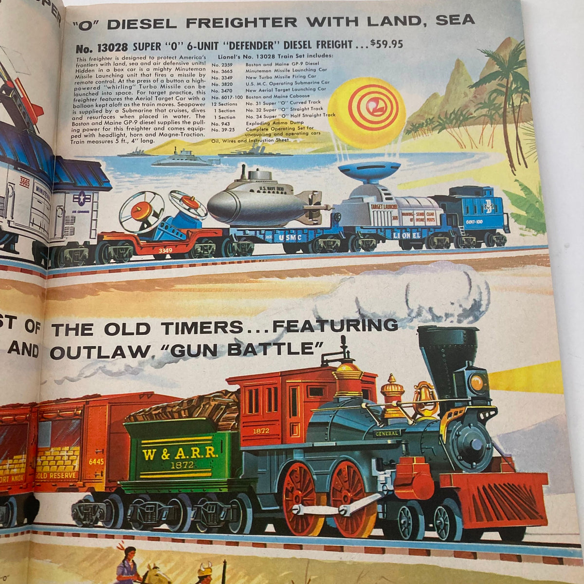 Vintage 1962 Lionel Trains and Accessories Model Motor Racing Catalog illustration featuring an 'O' Diesel freighter with colorful scenery and classic train details.