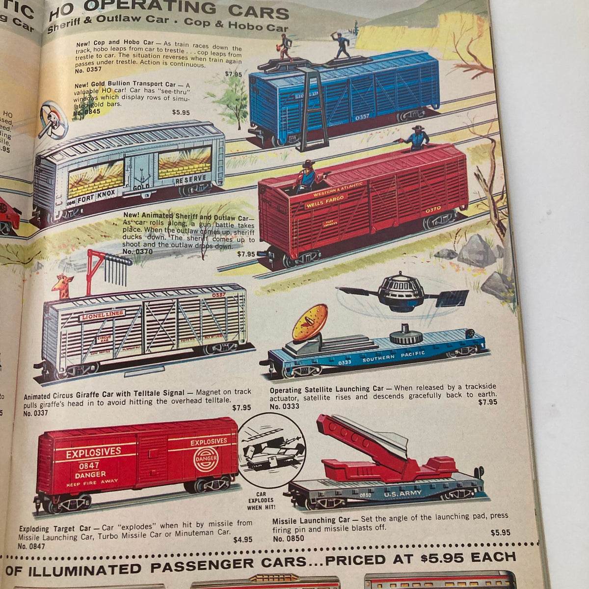 Inside view of the 1962 Lionel Trains and Accessories Model Motor Racing Catalog, showcasing various HO operating cars including a sheriff car and animated transport cars.