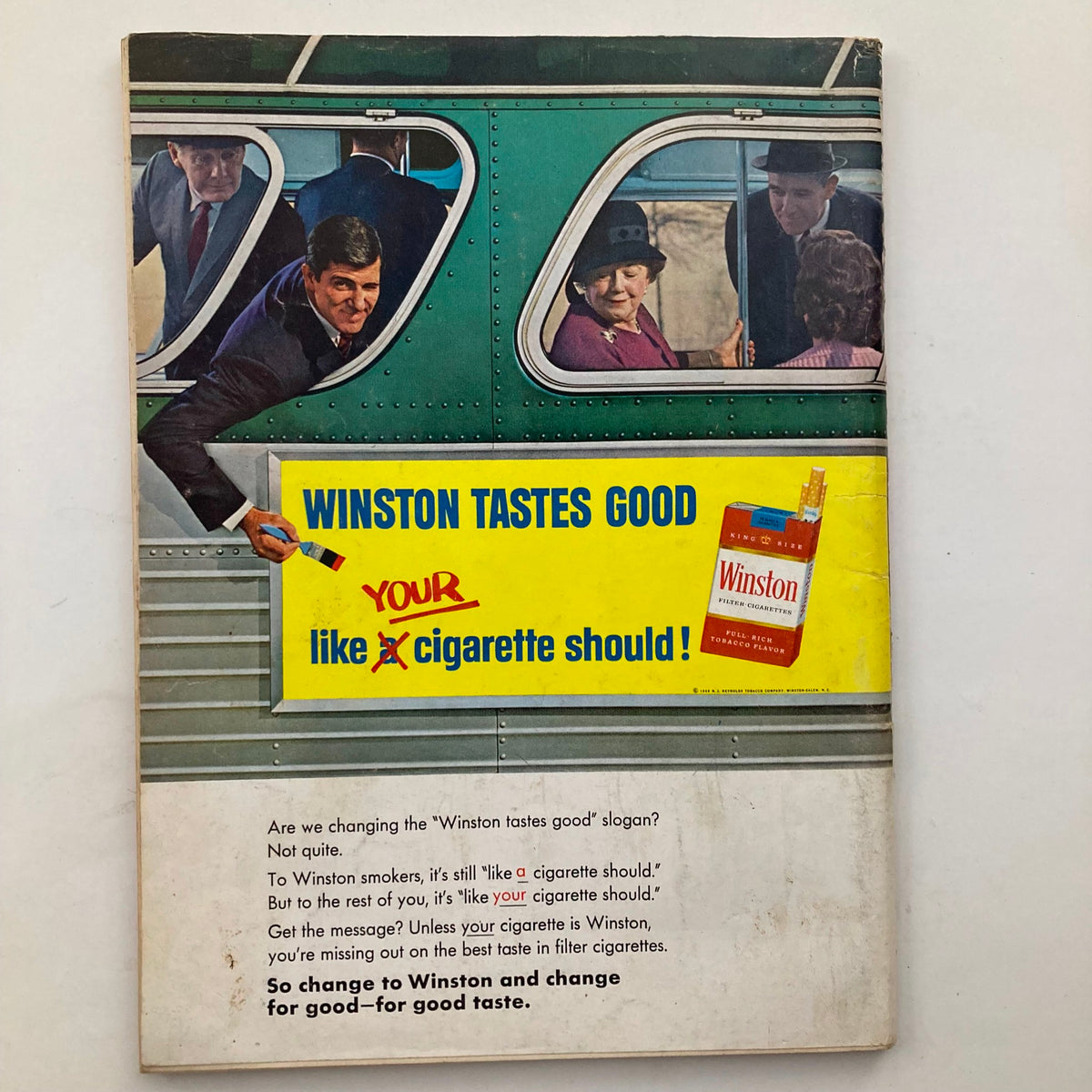 Back cover advertisement for Winston cigarettes from VTG Playboy Magazine August 1966 showcasing a vibrant slogan and illustration.