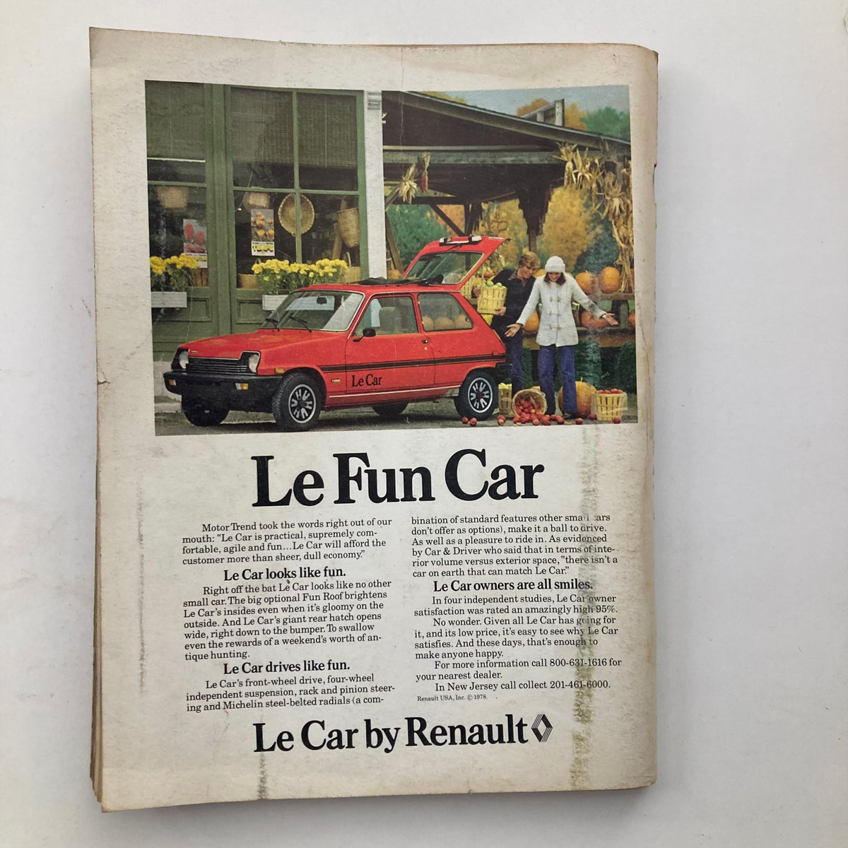 Advertisement from the VTG Playboy Magazine January 1979 showcasing a Renault Le Car with a playful tagline 'Le Fun Car', highlighting its vibrant design and practicality.