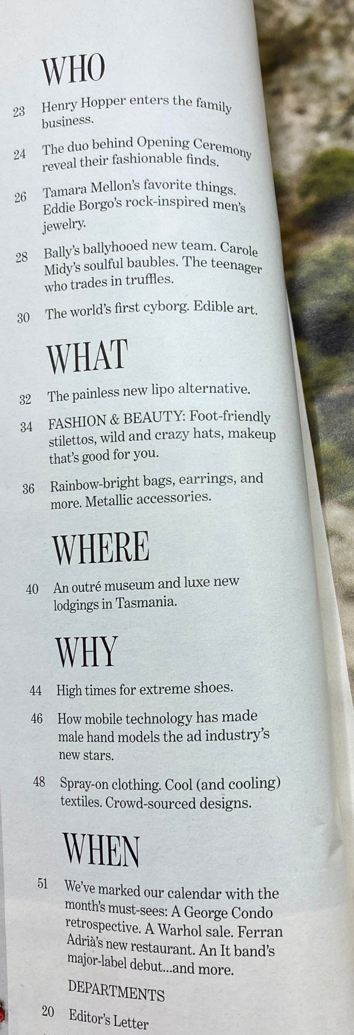 Interior page from W Magazine January 2011, featuring an article titled 'Henry Hopper enters the family business' along with fashion and lifestyle insights, highlighting the magazine's content.