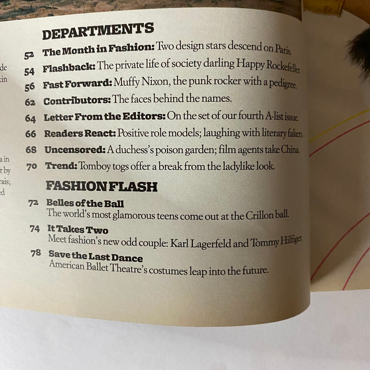 Inner pages of W Magazine February 2005 displaying sections including 'The Month in Fashion' and 'Readers React' featuring text on fashion trends and literary references.