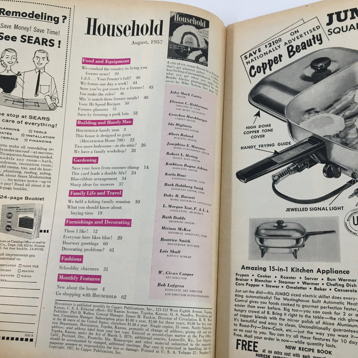 Inside page of VTG Household Magazine August 1957 displaying the table of contents, showcasing various articles on food, gardening, family life, and fashion.
