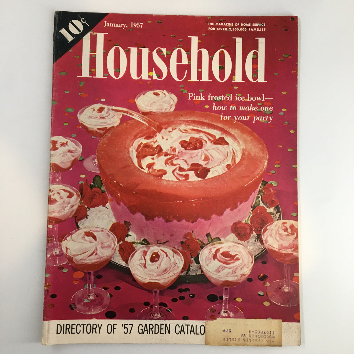 Vintage Household Magazine from January 1957 featuring a tutorial on how to make a Pink Frosted Ice Bowl, with a vibrant cover design and playful colors.