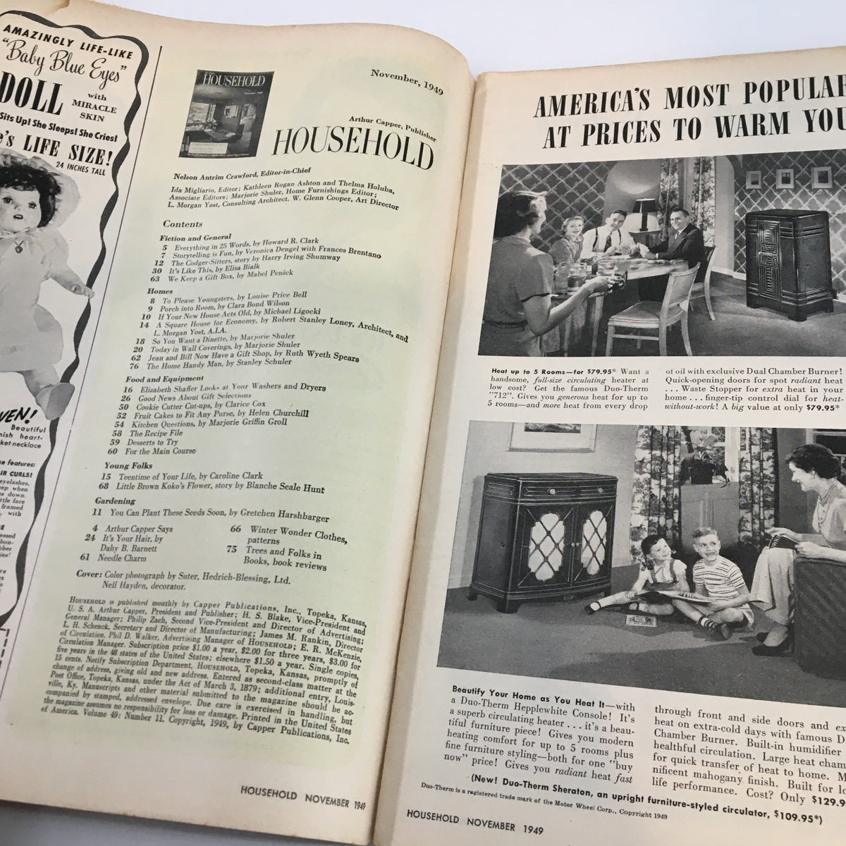 Interior pages of VTG Household Magazine November 1949 showcasing the table of contents and advertisements. Includes features like 'Fruit Cakes to Fit Any Purse' by Helen C.