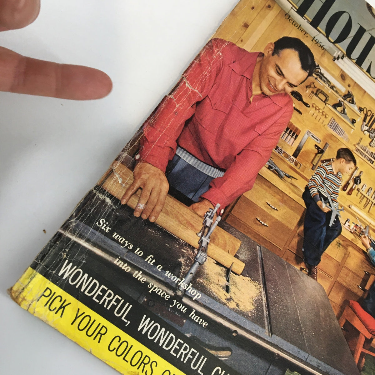 Cover of VTG Household Magazine October 1956 featuring a man and child in a workshop, showcasing 'Six Ways to Fit a Workshop Into Your Space.' The magazine emphasizes practical home workspace ideas.