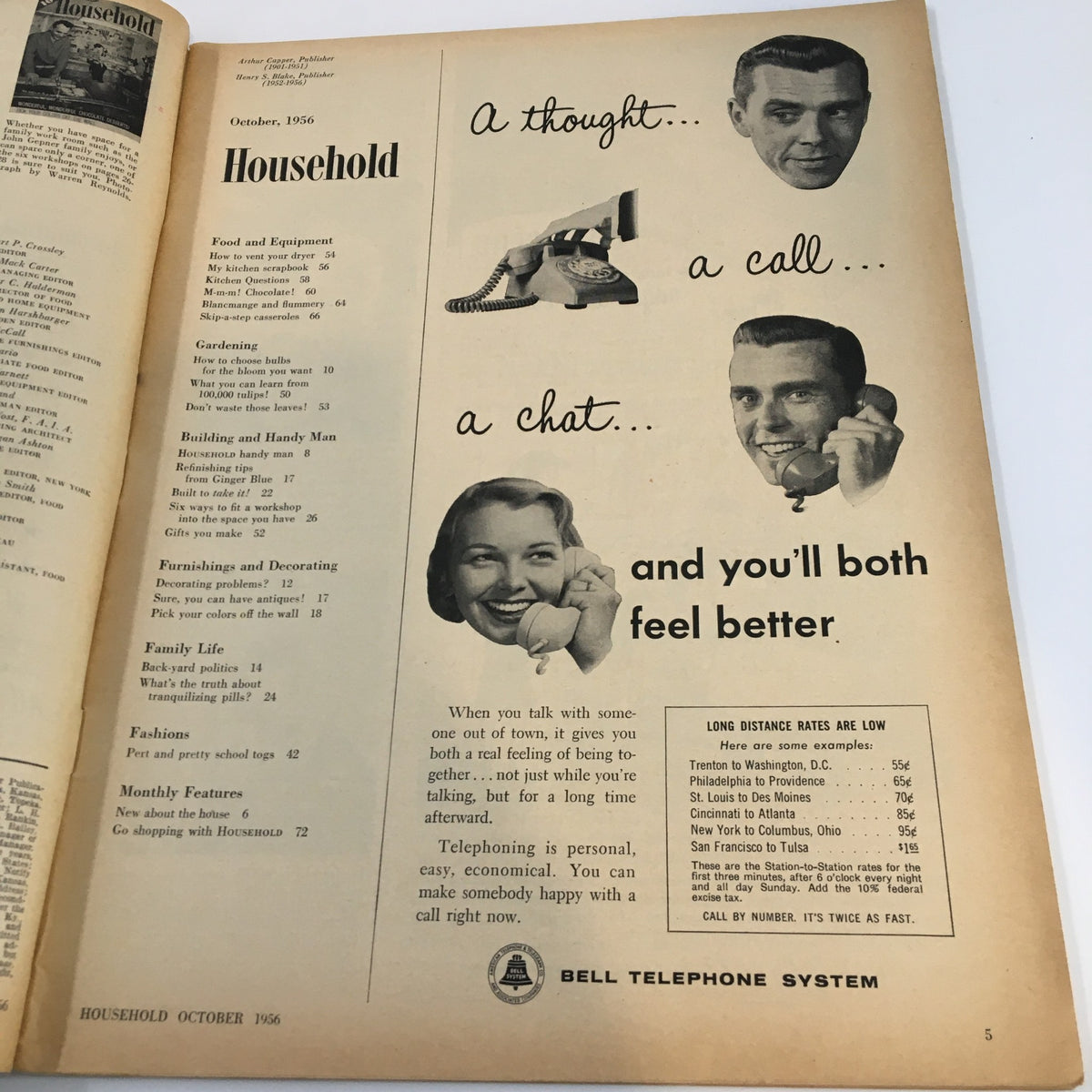 Inside page of VTG Household Magazine October 1956 displaying the contents including various DIY and home improvement topics, contributing to the theme of maximizing space for workshops.