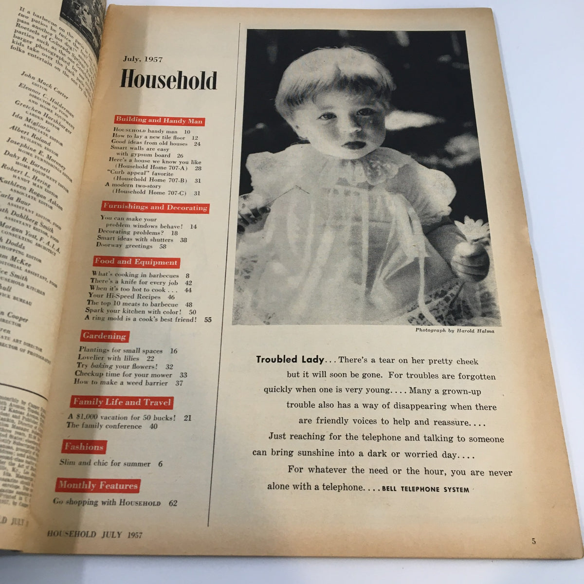 Interior page from Vintage Household Magazine July 1957 showcasing the table of contents with a photograph of a young child, offering insights into 1950s American domestic life and topics like barbecue tips.