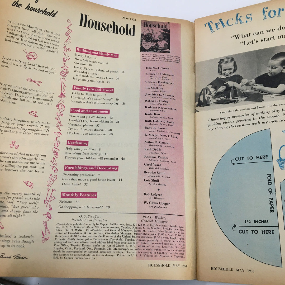 Inside pages of VTG Household Magazine May 1958 displaying contents including gardening tips and household articles.