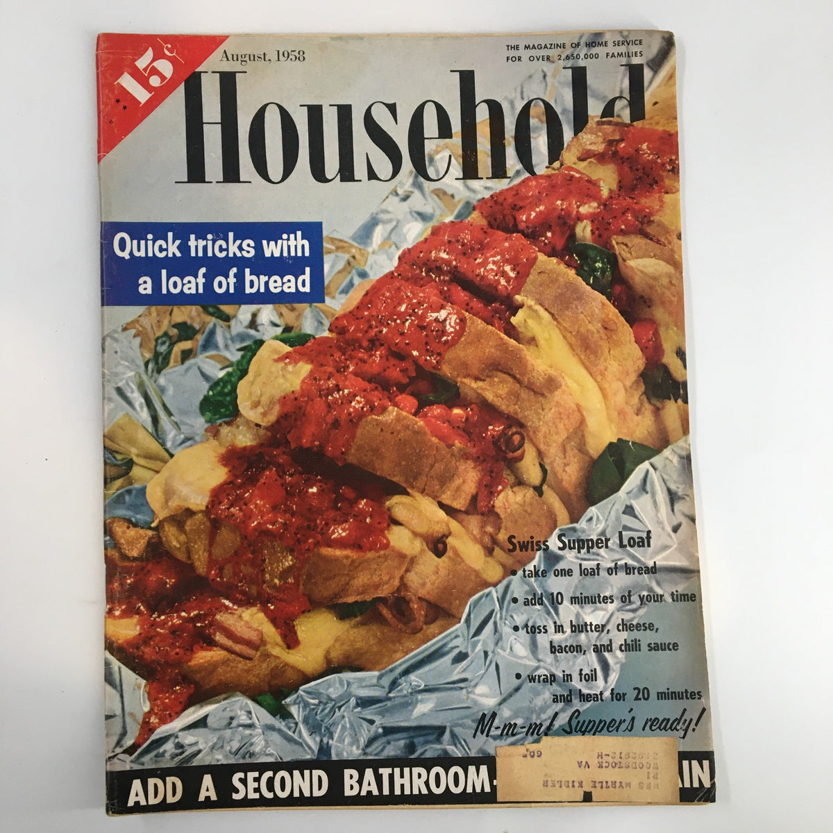 VTG Household Magazine August 1958 cover featuring 'Quick Tricks with A Loaf of Bread', showcasing a Swiss Supper Loaf recipe, vibrant colors, and vintage advertisement elements.