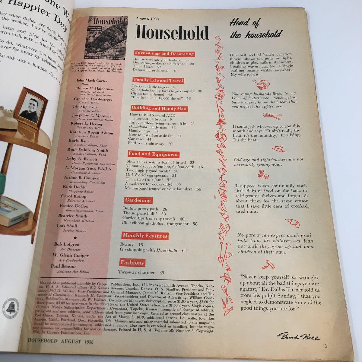 Interior page of VTG Household Magazine August 1958, featuring the table of contents and sections on various homemaking topics including 'Family Life and Travel' and 'Furnishing and Decorating'. This vintage magazine showcases classic home life tips and tricks.