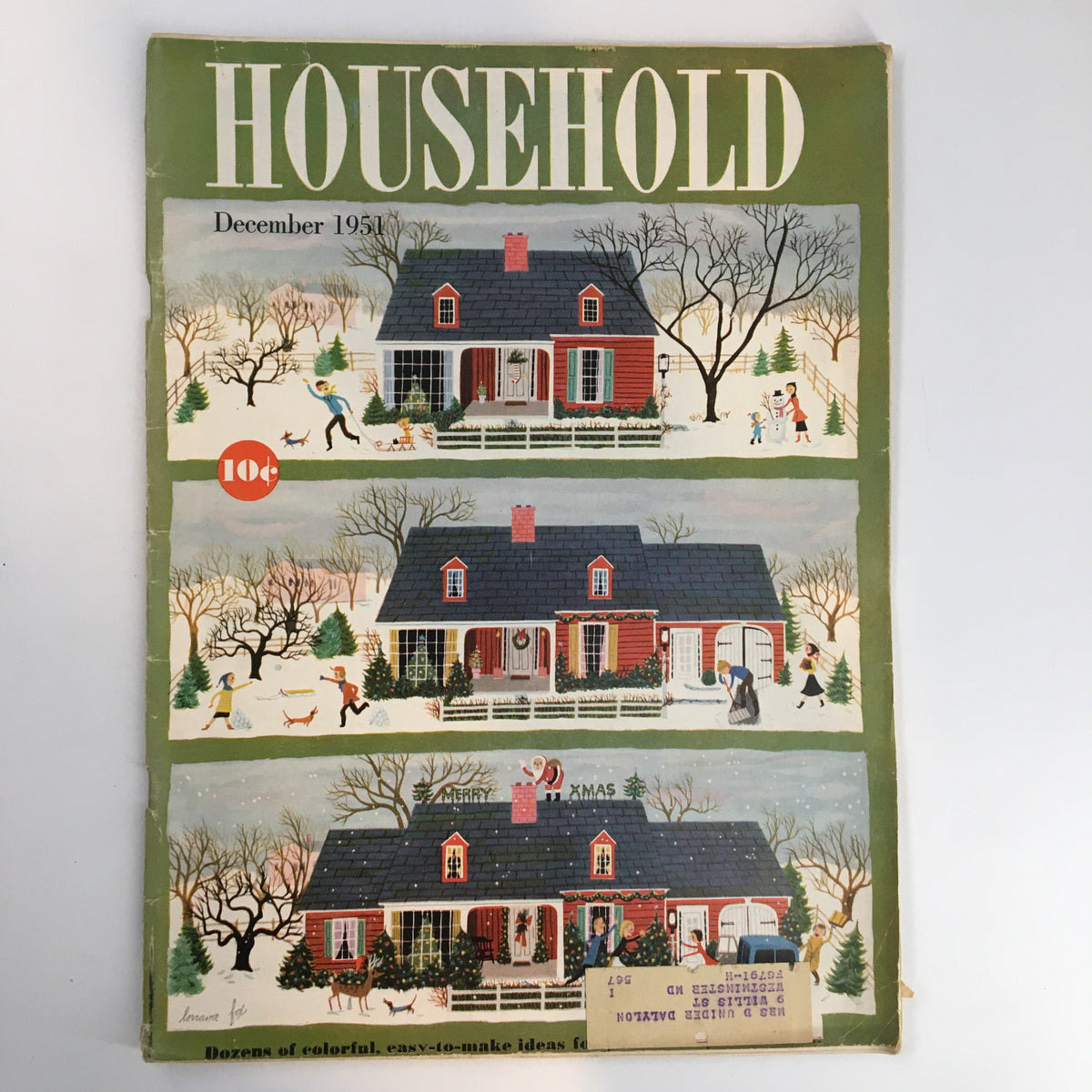 Cover of the VTG Household Magazine from December 1951 featuring winter-themed illustrations of houses and holiday activities, promoting the article 'How To Make A Sugar Cube Cottage'.