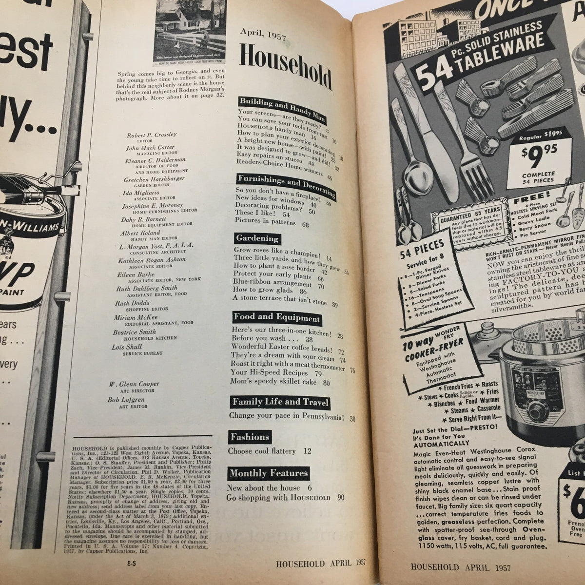 Inside page of VTG Household Magazine April 1957 showcasing the contents and articles such as Building and Handy Man, Furnishings and Decorations, and Gardening. Highlights topics relevant to post-war home living and design.