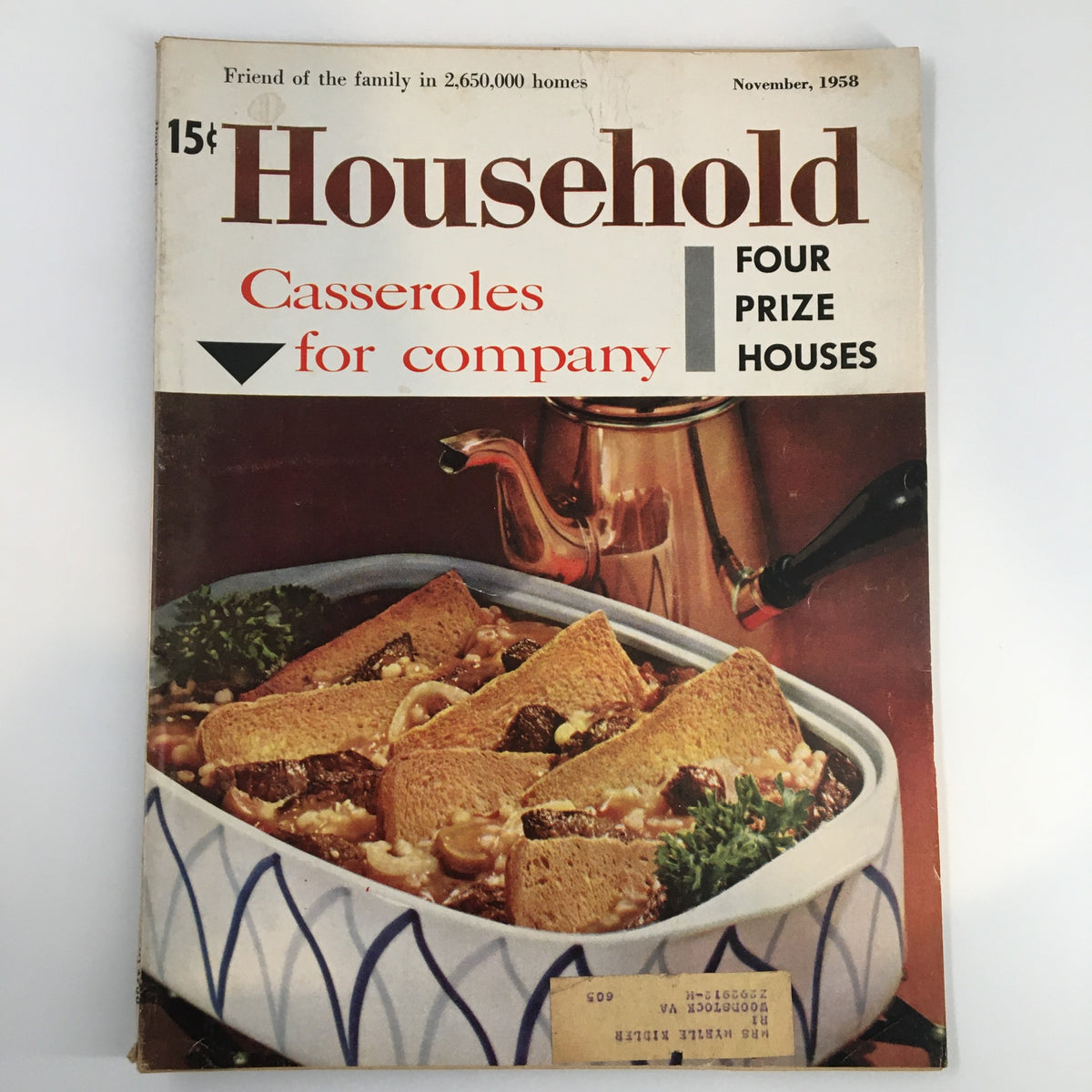 Cover of VTG Household Magazine November 1958 showcasing a vintage casserole dish with toast on top, titled 'Casseroles for Company' along with a decorative copper pot.