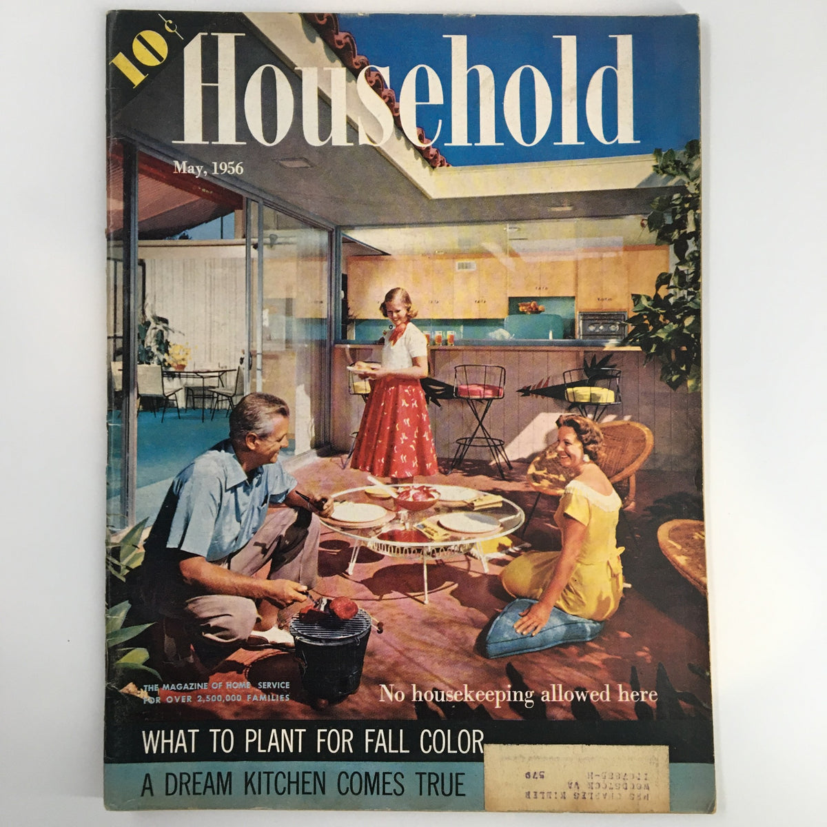 Cover of VTG Household Magazine from May 1956 showcasing a vibrant home scene with people enjoying time in a dream kitchen and an article titled 'What To Plant For Fall Color.'
