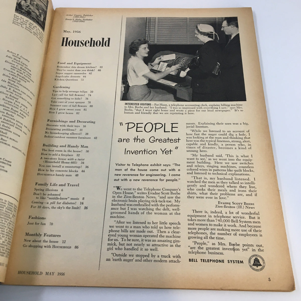 Interior page of VTG Household Magazine, May 1956 featuring an article discussing household topics and showcasing retro design elements of the mid-20th century.