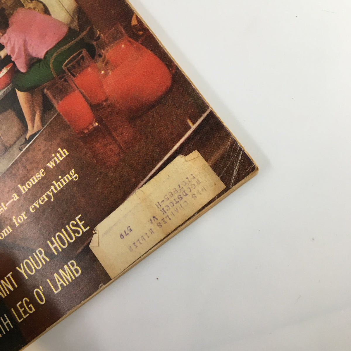 Close-up of the corner of the VTG Household Magazine from April 1956, showing the title "The Right Way To Paint Your House" along with a price tag and details about Easter Dinner with Leg O' Lamb.