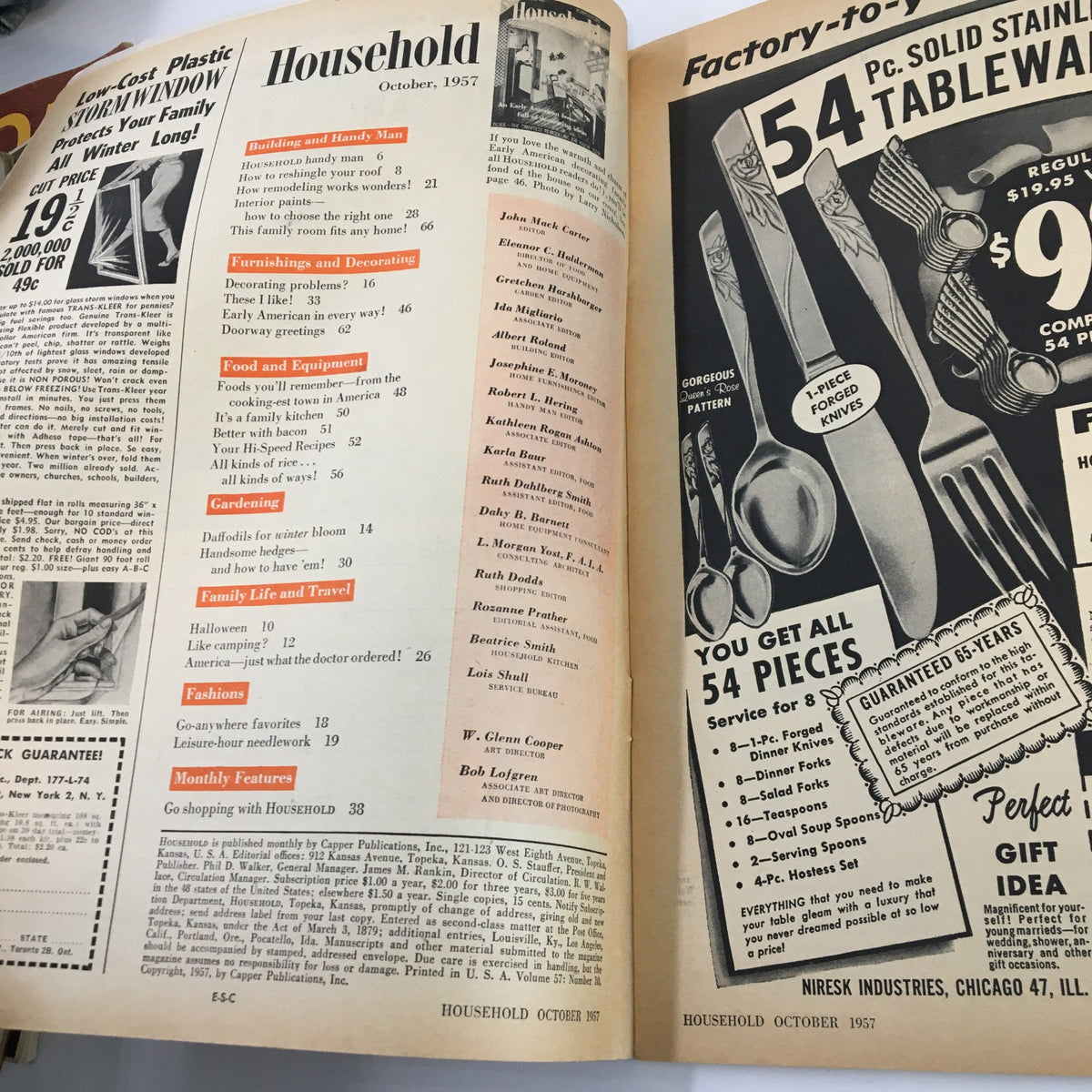 Interior pages of VTG Household Magazine October 1957 displaying the table of contents and advertisements, emphasizing home furnishing and decorating tips.