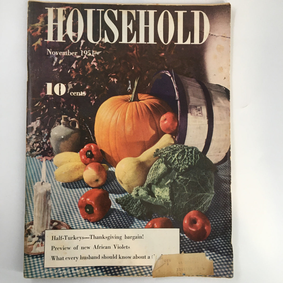 Cover of VTG Household Magazine November 1951 featuring a vibrant autumn harvest including pumpkin, apples, and other produce, emphasizing party refreshment and Thanksgiving themes.