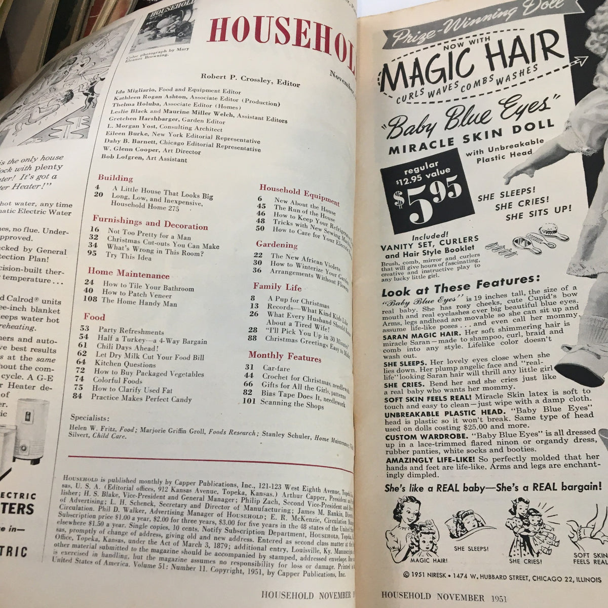 Inside page of the November 1951 Household Magazine showcasing articles on home maintenance, food, and family life, ideal for enthusiasts of mid-century American culture.