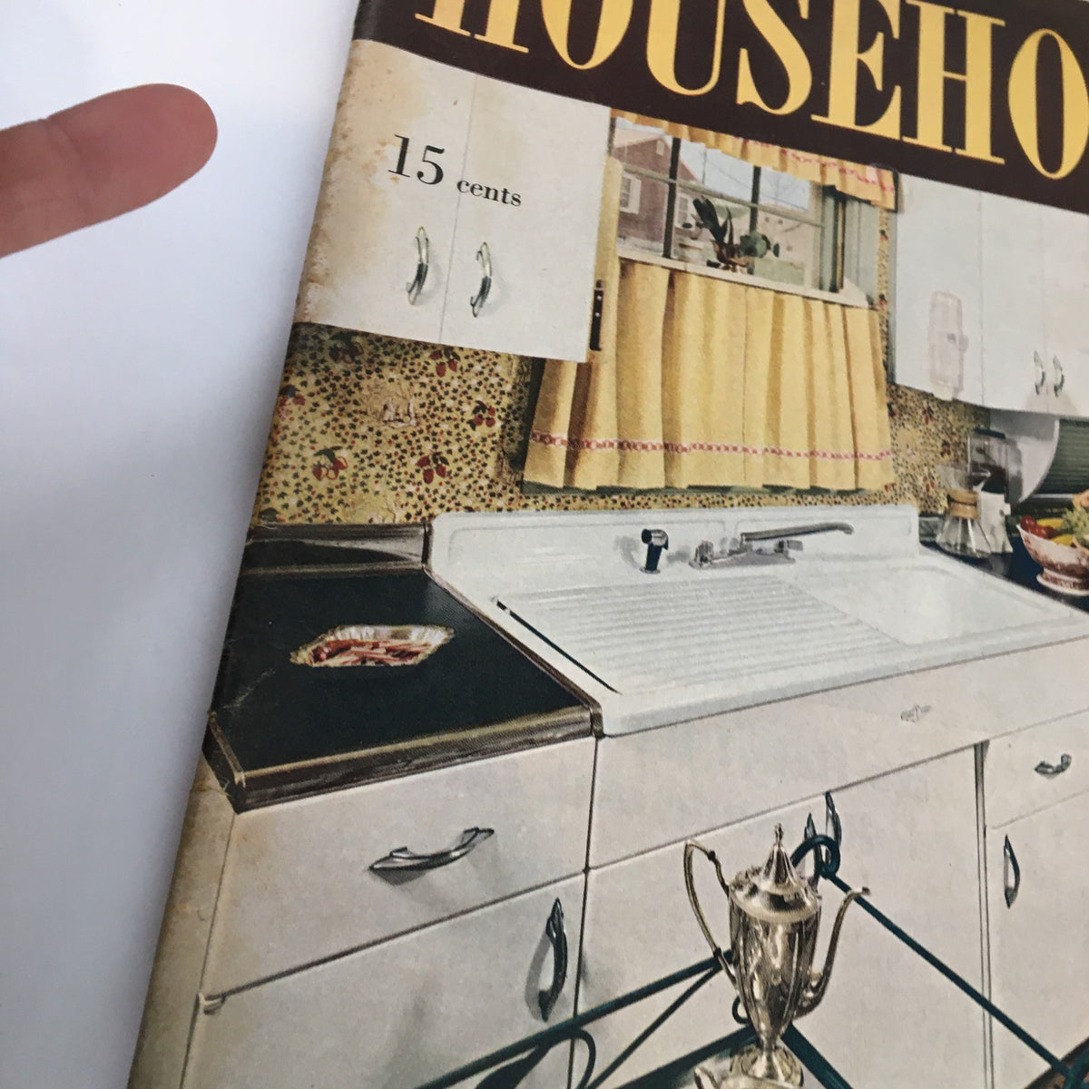 Close-up of VTG Household Magazine November 1950 cover highlighting kitchen details, emphasizing the vintage design of domestic life in the 1950s.
