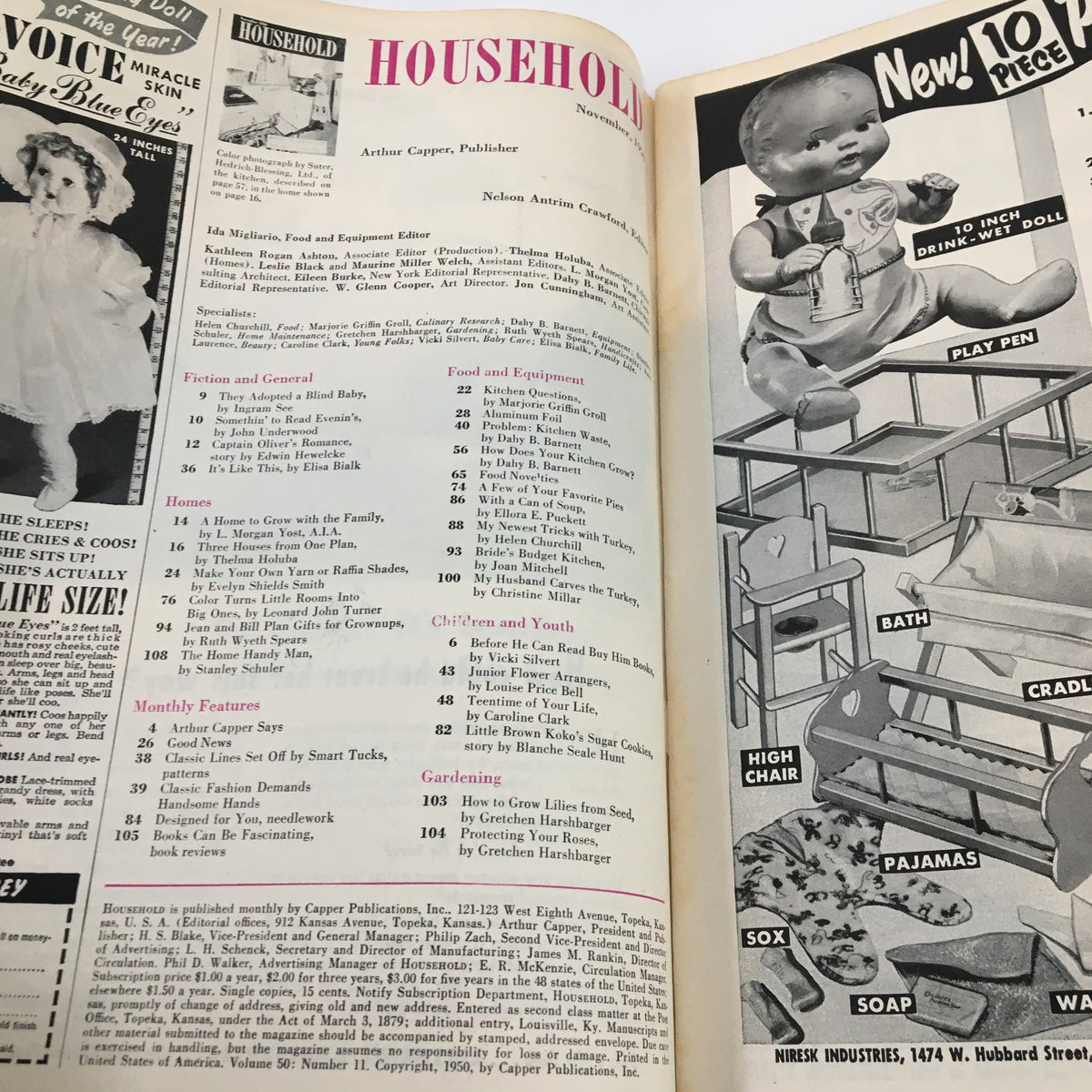 Interior page of VTG Household Magazine November 1950 displaying the table of contents, emphasizing various articles and DIY projects aligned with mid-century creativity.