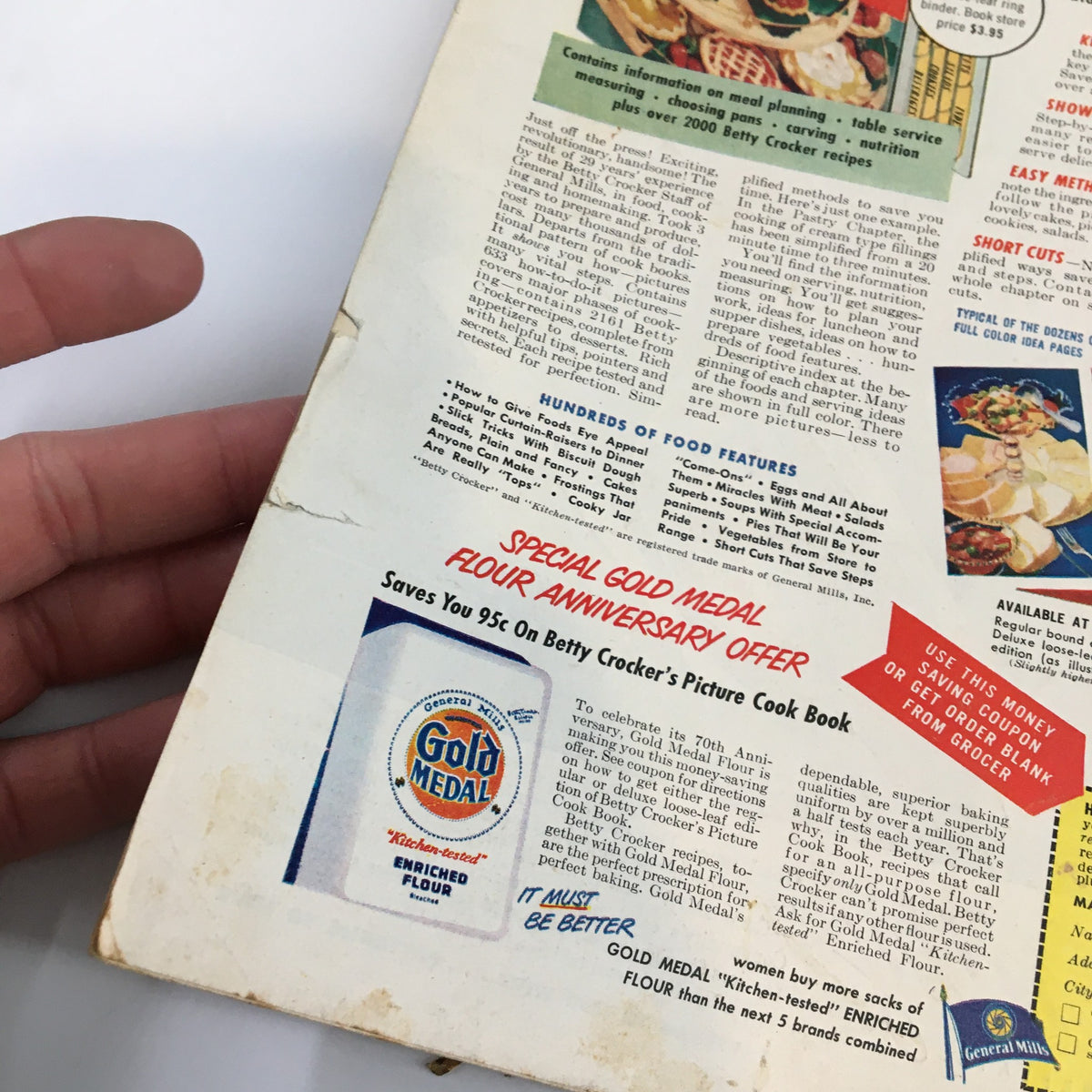 Back cover of VTG Household Magazine November 1950 featuring an advertisement for Gold Medal Enriched Flour and meal planning tips, showcasing vintage design and nostalgic charm.