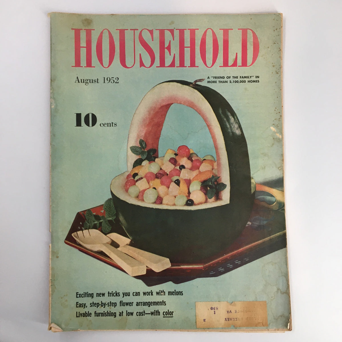 VTG Household Magazine August 1952 featuring a colorful fruit display in a watermelon bowl on the cover.