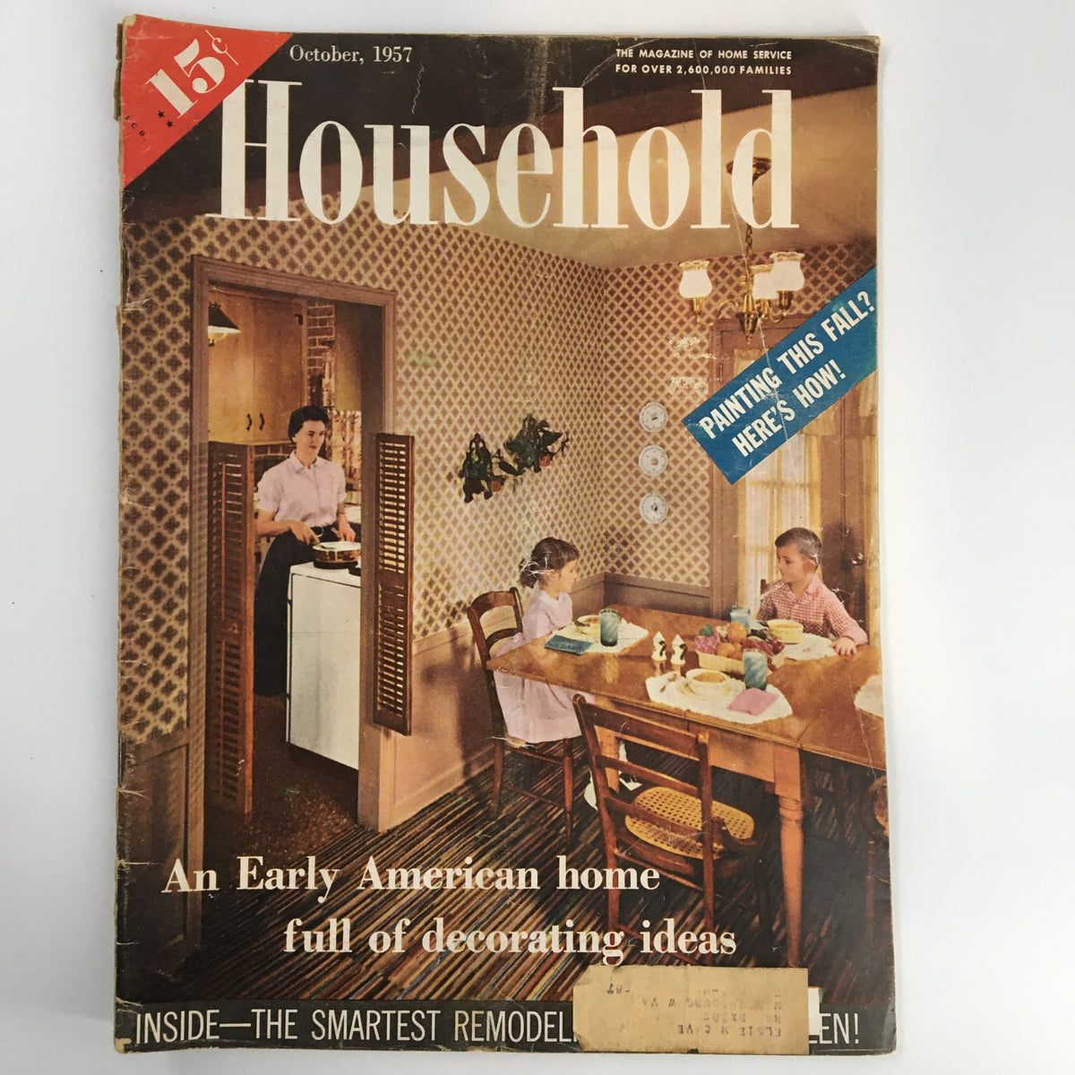 Cover of VTG Household Magazine from October 1957 featuring an early American kitchen scene, showcasing family dining and home decor.