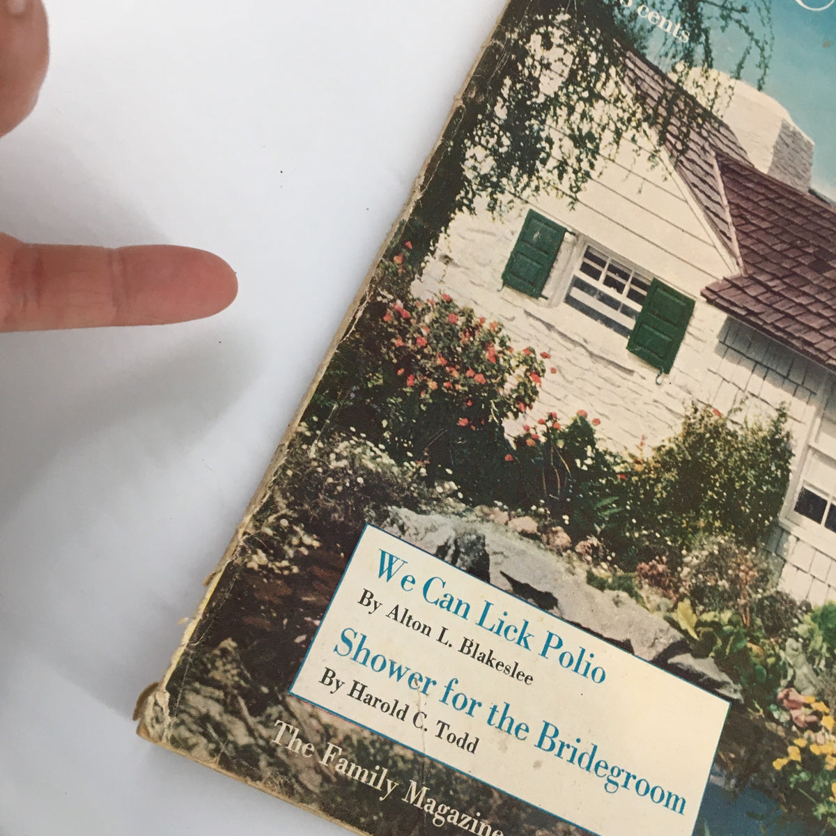 Cover detail of Vintage Household Magazine June 1949, showcasing vibrant garden and house illustration with titles 'We Can Lick Polio' and 'Shower for the Bridegroom'.