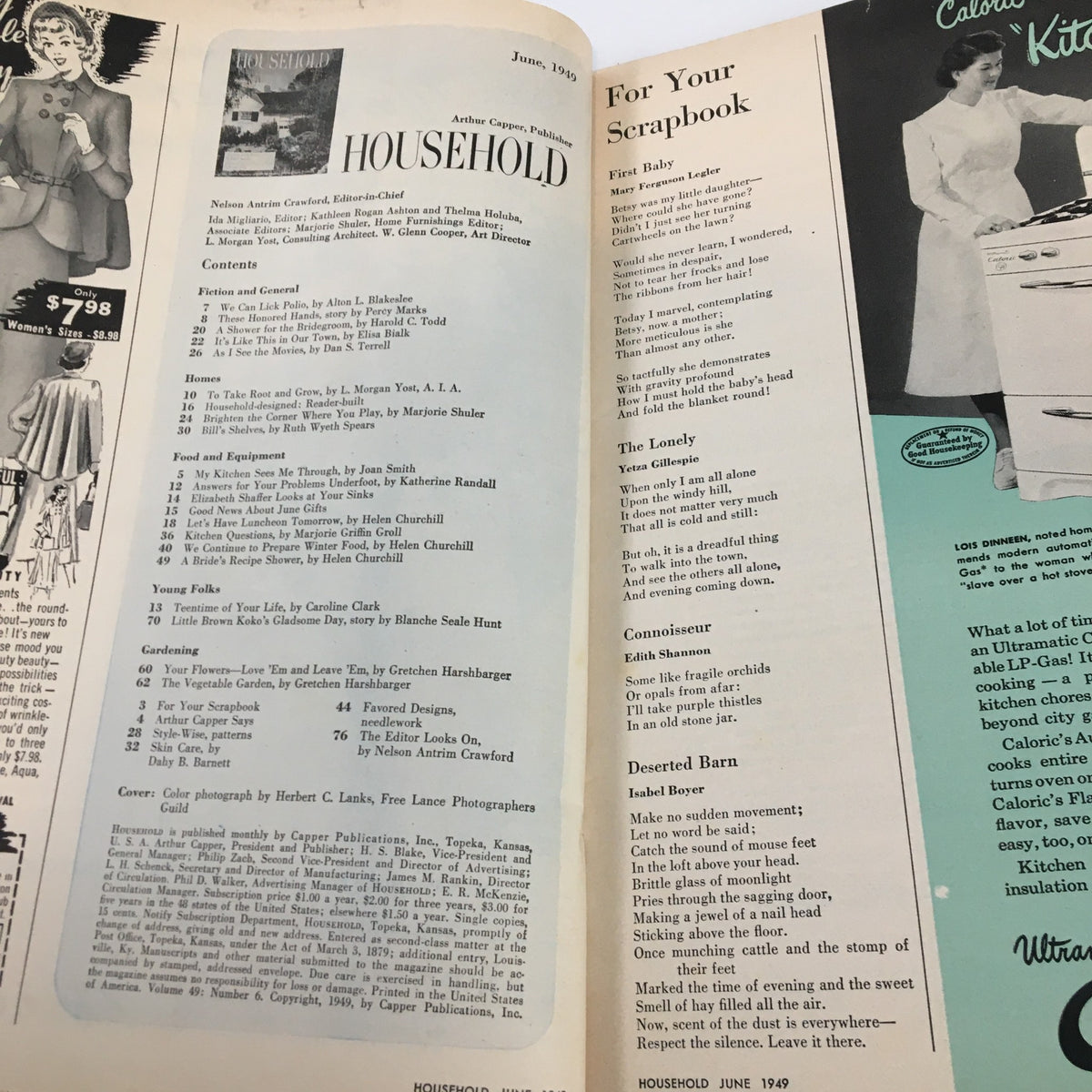Interior pages of Vintage Household Magazine June 1949, featuring the table of contents and articles, emphasizing mid-century domestic life themes.
