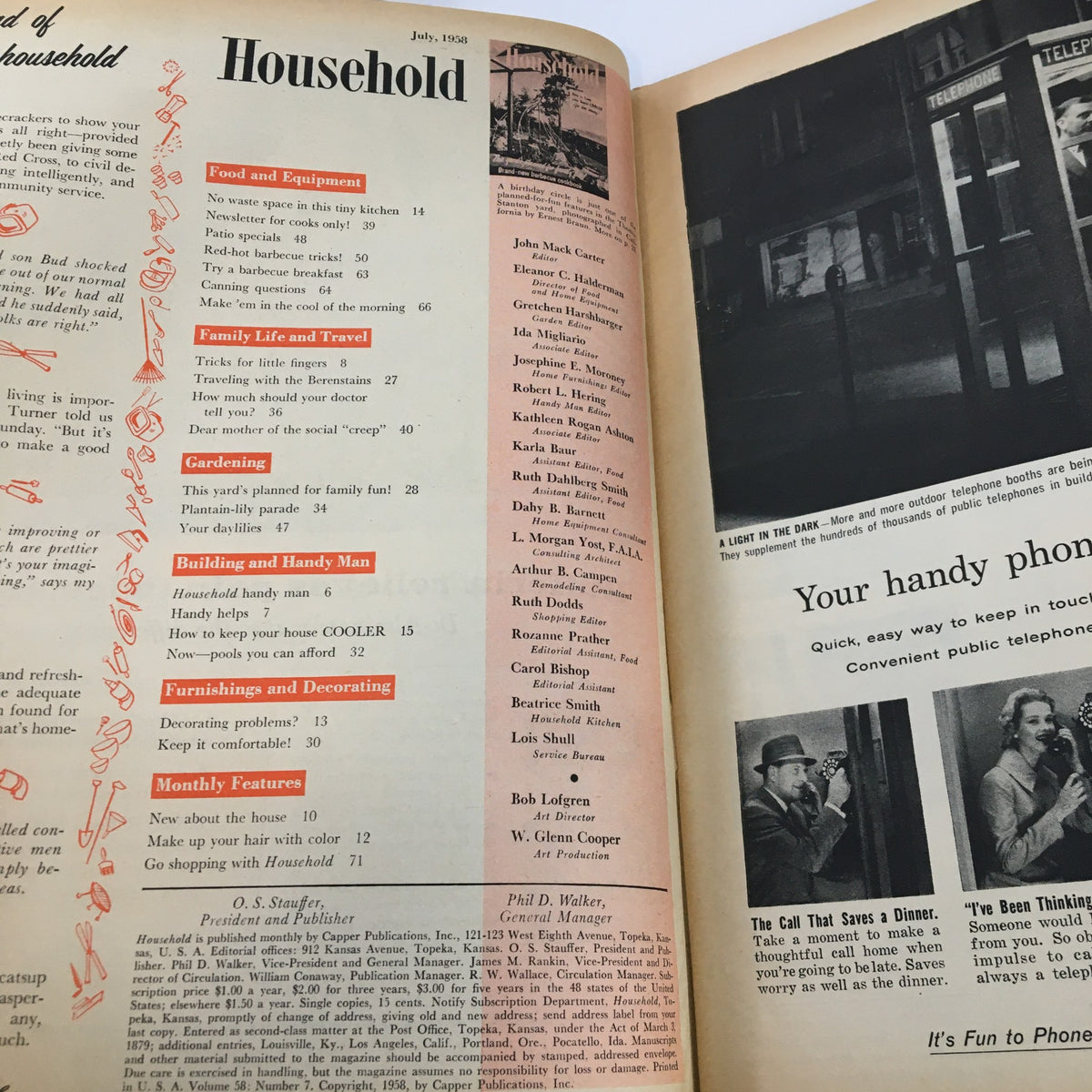 Interior page of the VTG Household Magazine July 1958 showcasing the table of contents, featuring topics on food, family life, gardening, building, and decorating.